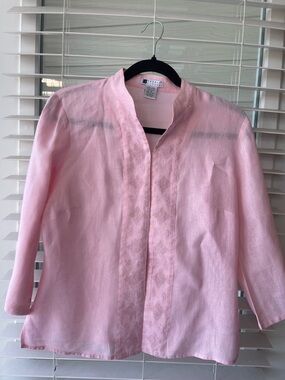 💯 Linen Carole Little Pale Pink Embroidered Mandarin Button-Down Shirt